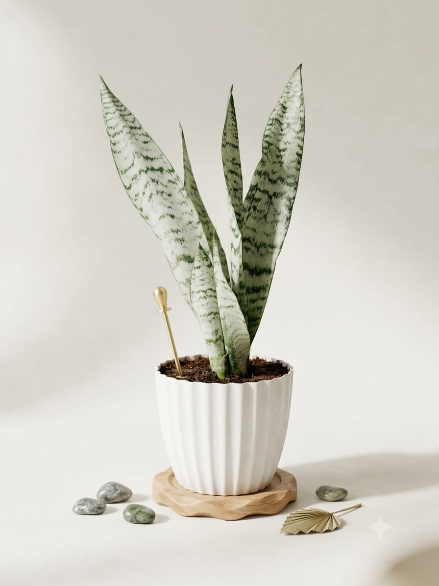 A tall snake plant in a nursery pot